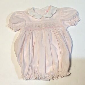 Petit Ami hand smocked pink white smocked bubble 6 flowers Peter Pan collar 6m